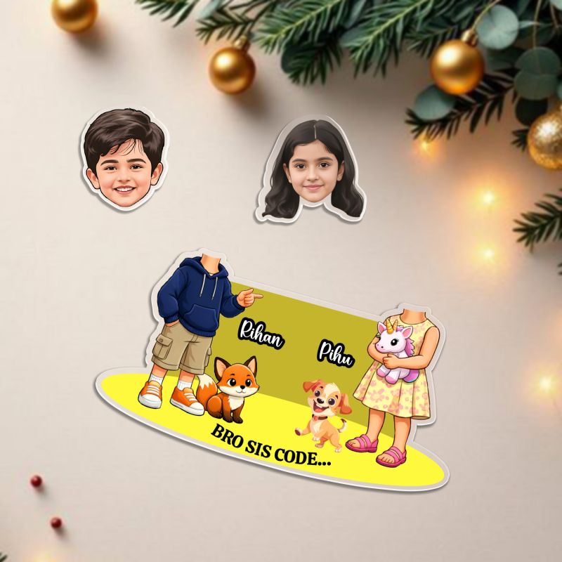 Personalized Brother & Sister Bobblehead Caricature Custom with Face Cutout Perfect for Birthdays, Raksha bandhan, and Home Decor Battey Powered Moving Head